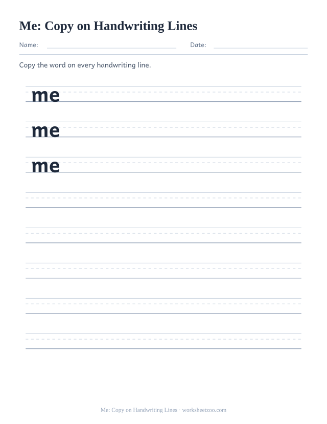 Sight word “me” worksheet, copy on handwriting lines printable activity
