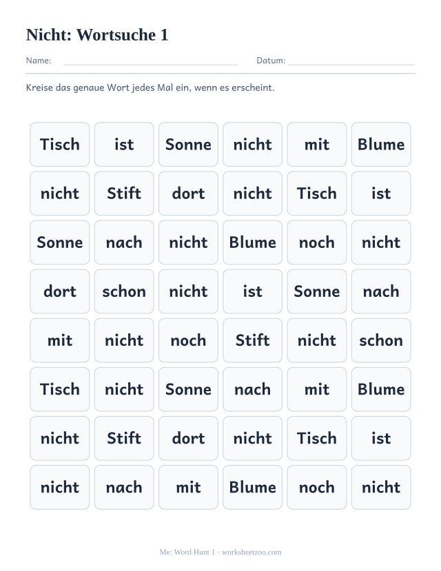 Vorschau: häufiges Wort „nicht“, Wortsuche 1