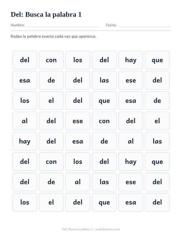 Ficha de la palabra frecuente «del», busca la palabra 1 para imprimir