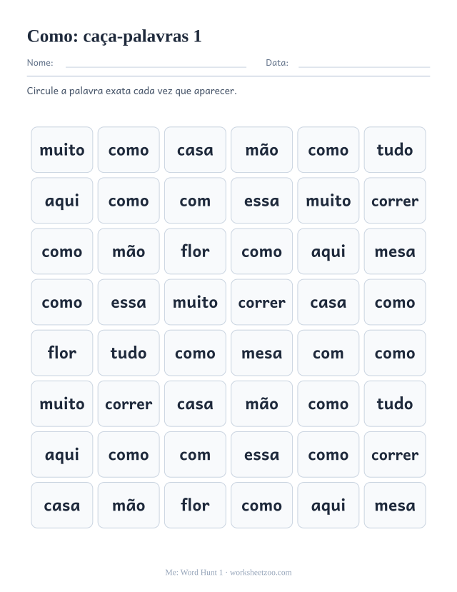 Prévia da palavra frequente “como”, caça-palavras 1