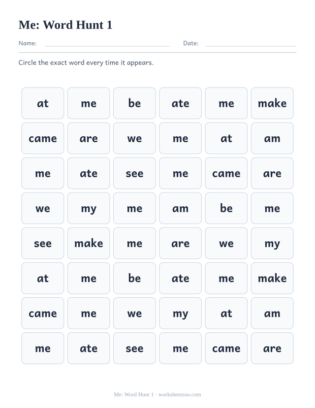 Sight word “me” worksheet, word hunt 1 printable activity