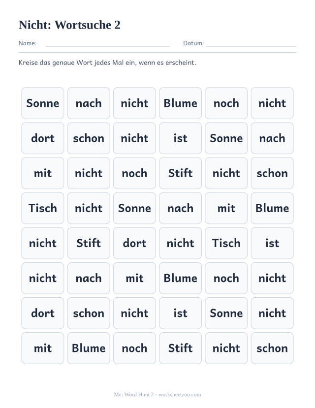 Vorschau: häufiges Wort „nicht“, Wortsuche 2