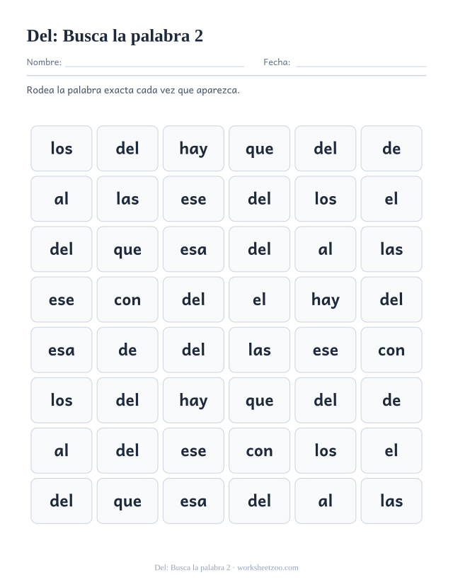 Ficha de la palabra frecuente «del», busca la palabra 2 para imprimir
