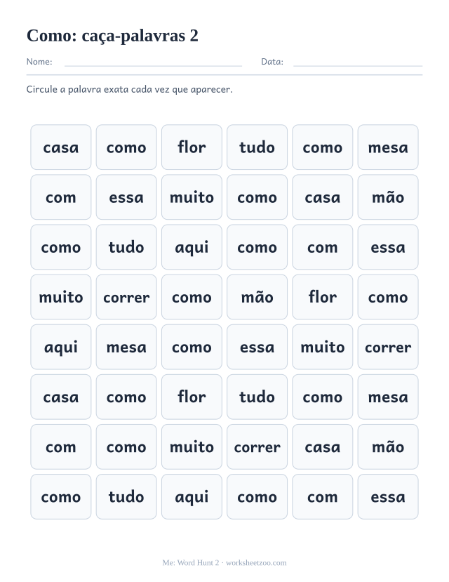 Prévia da palavra frequente “como”, caça-palavras 2