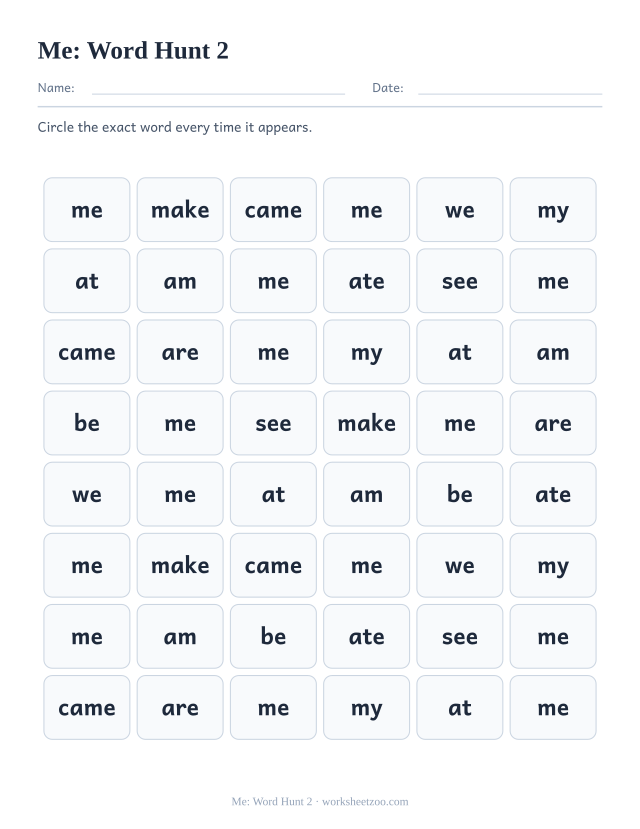 Sight word “me” worksheet, word hunt 2 printable activity