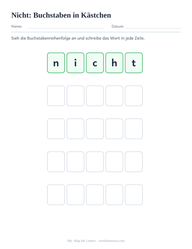 Vorschau: häufiges Wort „nicht“, Buchstaben in Kästchen
