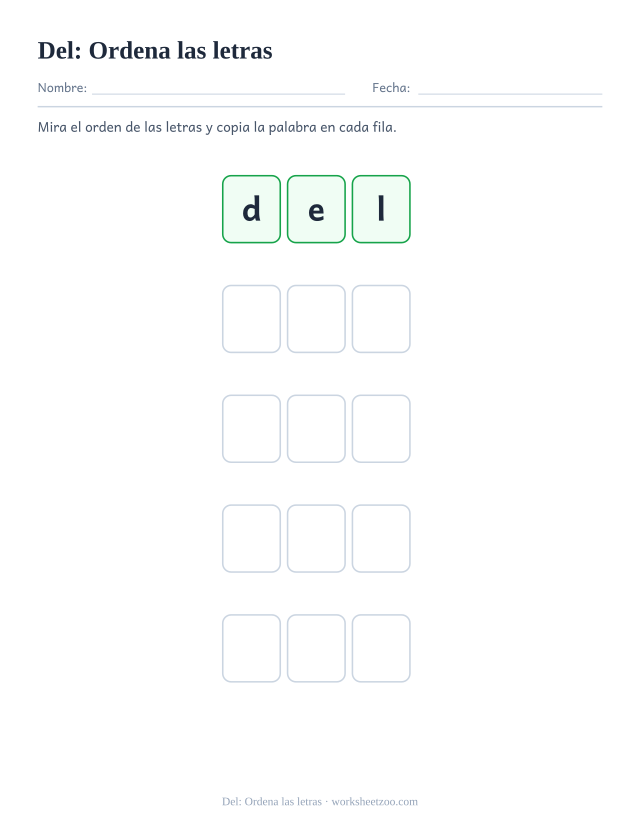 Ficha de la palabra frecuente «del», ordena las letras para imprimir