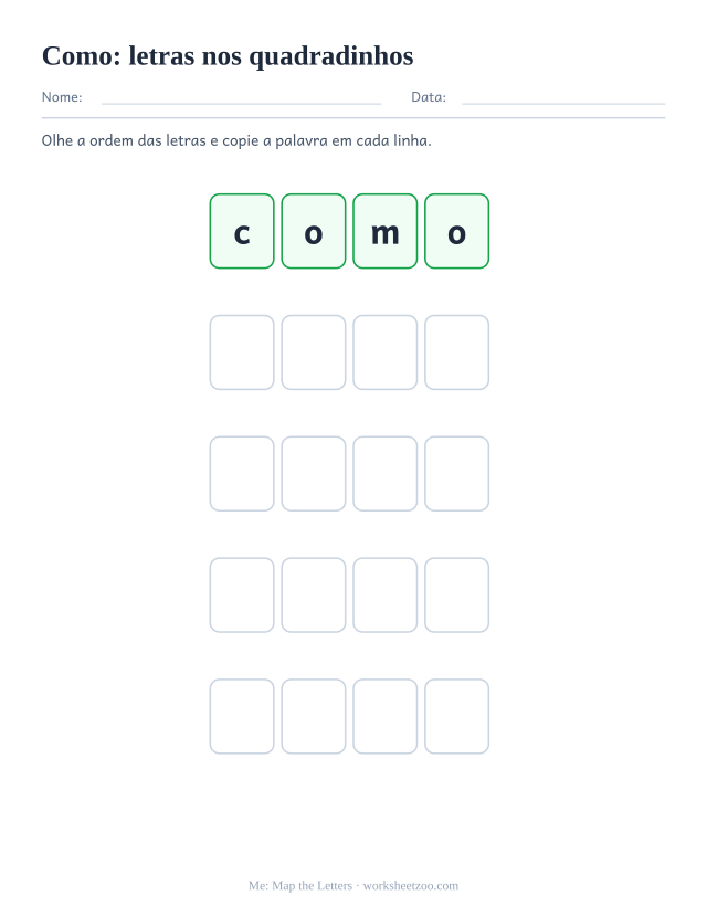 Prévia da palavra frequente “como”, letras nos quadradinhos