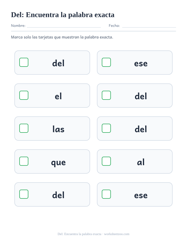 Ficha de la palabra frecuente «del», encuentra la palabra exacta para imprimir
