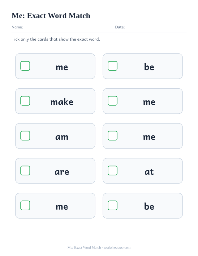Sight word “me” worksheet, exact word match printable activity