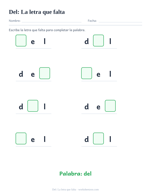 Ficha de la palabra frecuente «del», la letra que falta para imprimir