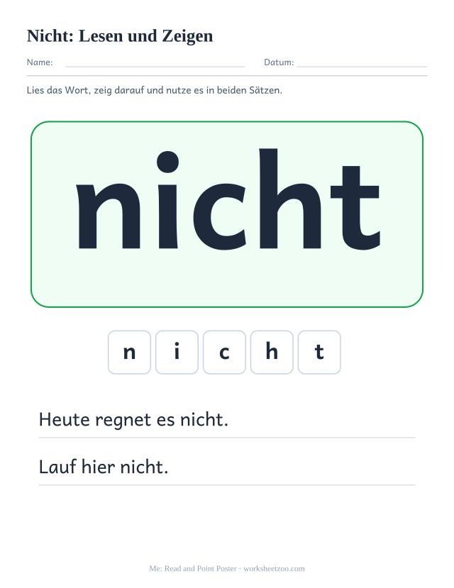 Vorschau: häufiges Wort „nicht“, Lesen und Zeigen