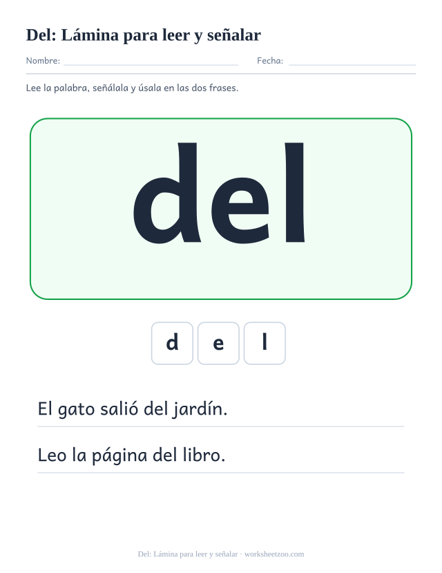 Ficha de la palabra frecuente «del», lámina para leer y señalar para imprimir