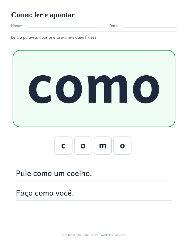 Prévia da palavra frequente “como”, ler e apontar