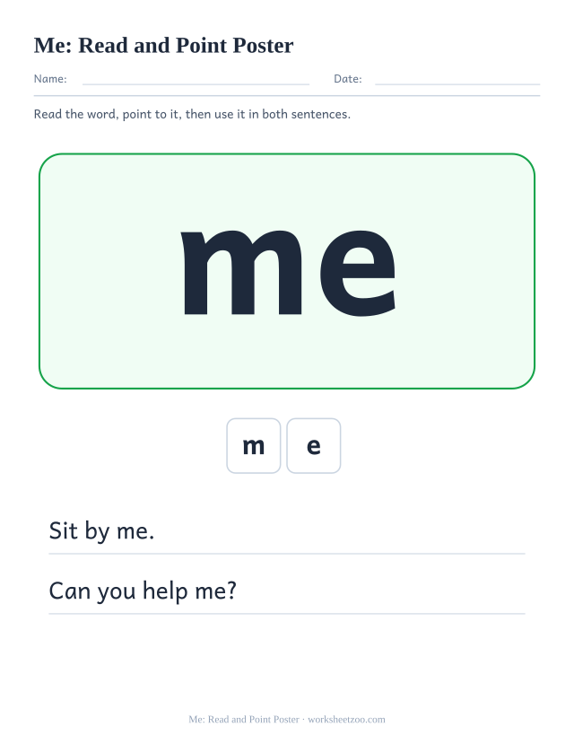 Sight word “me” worksheet, read and point poster printable activity