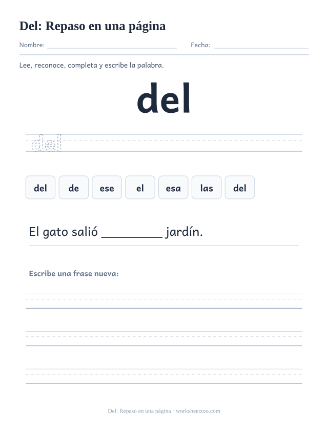 Ficha de la palabra frecuente «del», repaso en una página para imprimir