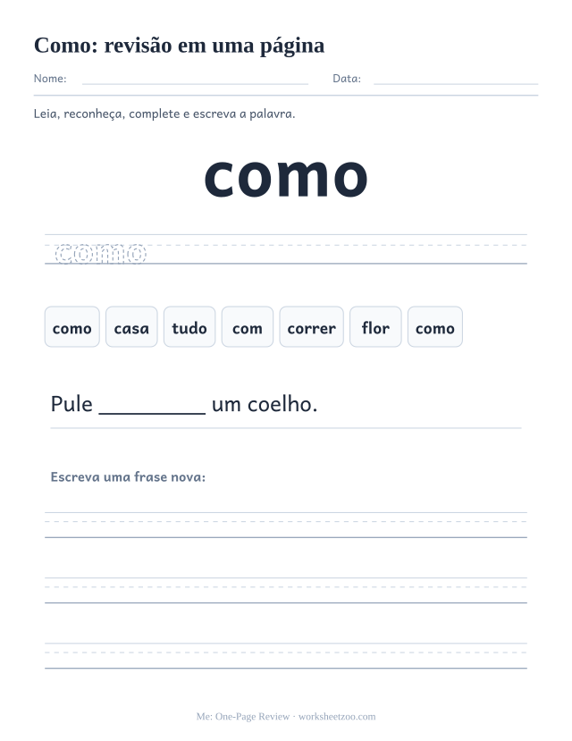 Prévia da palavra frequente “como”, revisão em uma página