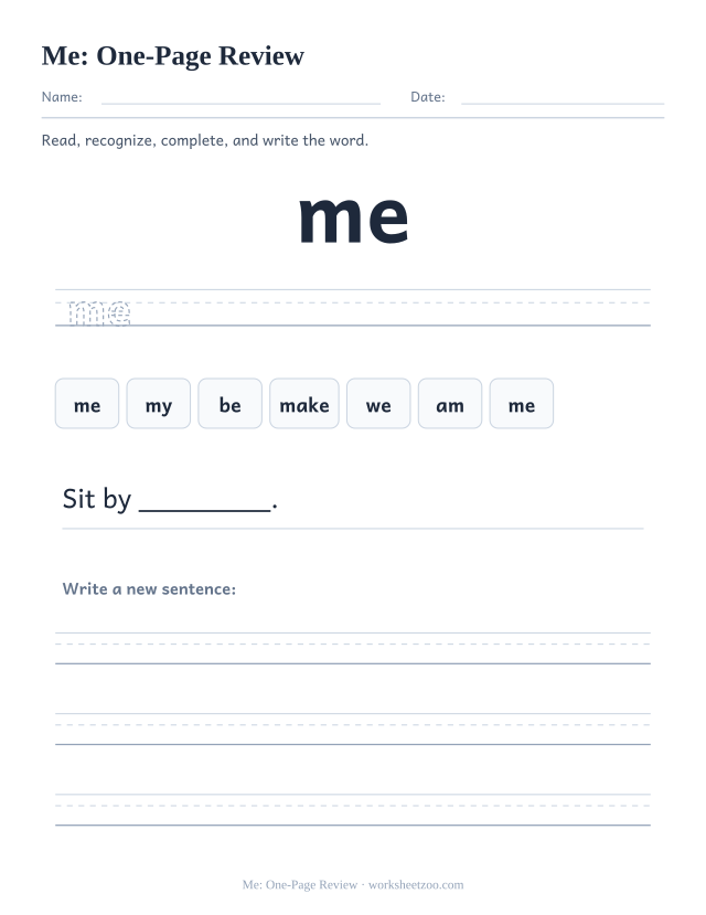 Sight word “me” worksheet, one-page review printable activity