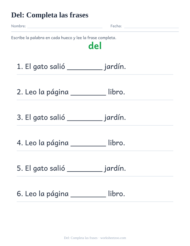 Ficha de la palabra frecuente «del», completa las frases para imprimir