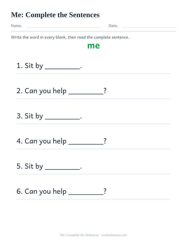 Sight word “me” worksheet, complete the sentences printable activity