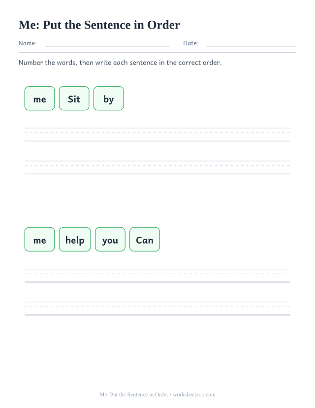 Sight word “me” worksheet, put the sentence in order printable activity
