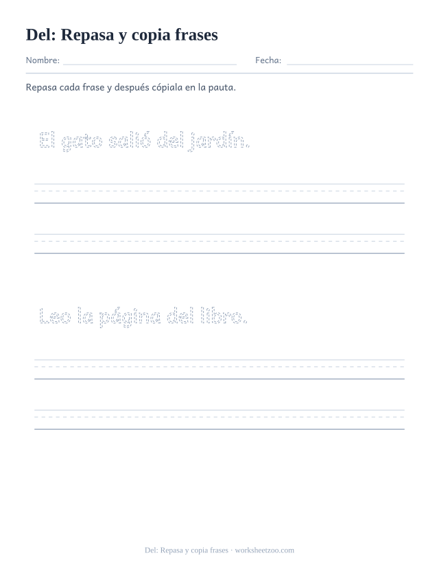 Ficha de la palabra frecuente «del», repasa y copia frases para imprimir