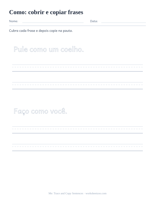 Prévia da palavra frequente “como”, cobrir e copiar frases