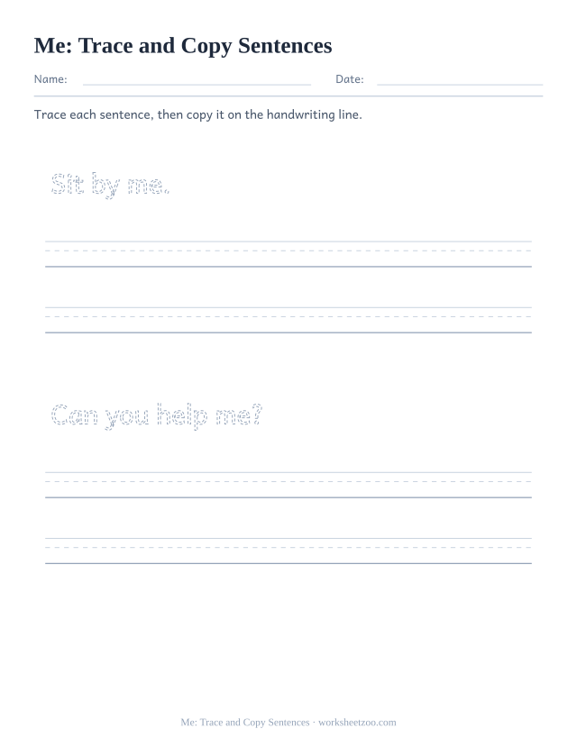 Sight word “me” worksheet, trace and copy sentences printable activity
