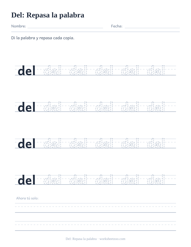 Ficha de la palabra frecuente «del», repasa la palabra para imprimir