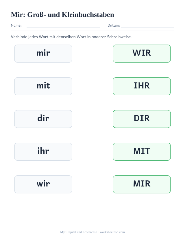 Vorschau: häufiges Wort „mir“, Groß- und Kleinbuchstaben