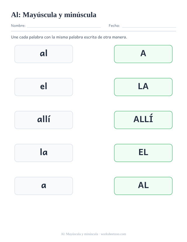 Ficha de la palabra frecuente «al», mayúscula y minúscula para imprimir