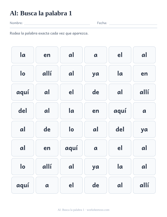 Ficha de la palabra frecuente «al», busca la palabra 1 para imprimir