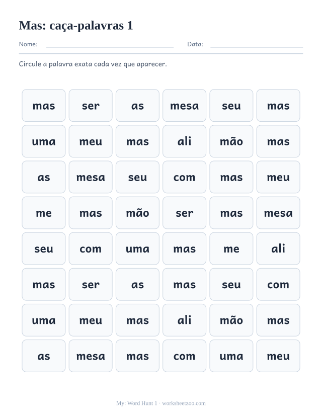 Prévia da palavra frequente “mas”, caça-palavras 1