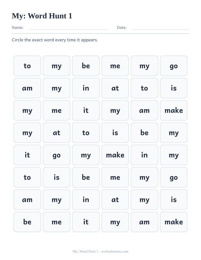Sight word “my” worksheet, word hunt 1 printable activity