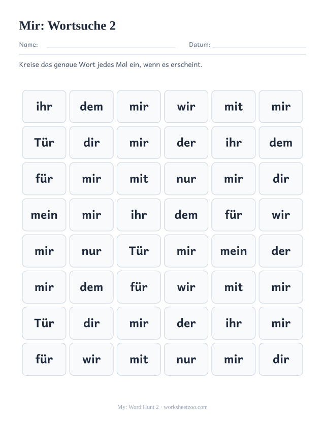 Vorschau: häufiges Wort „mir“, Wortsuche 2