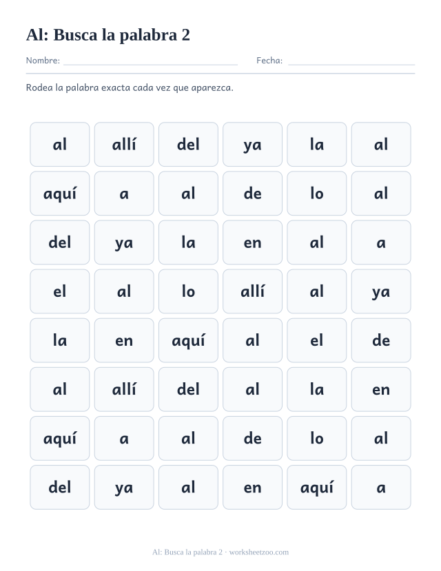 Ficha de la palabra frecuente «al», busca la palabra 2 para imprimir