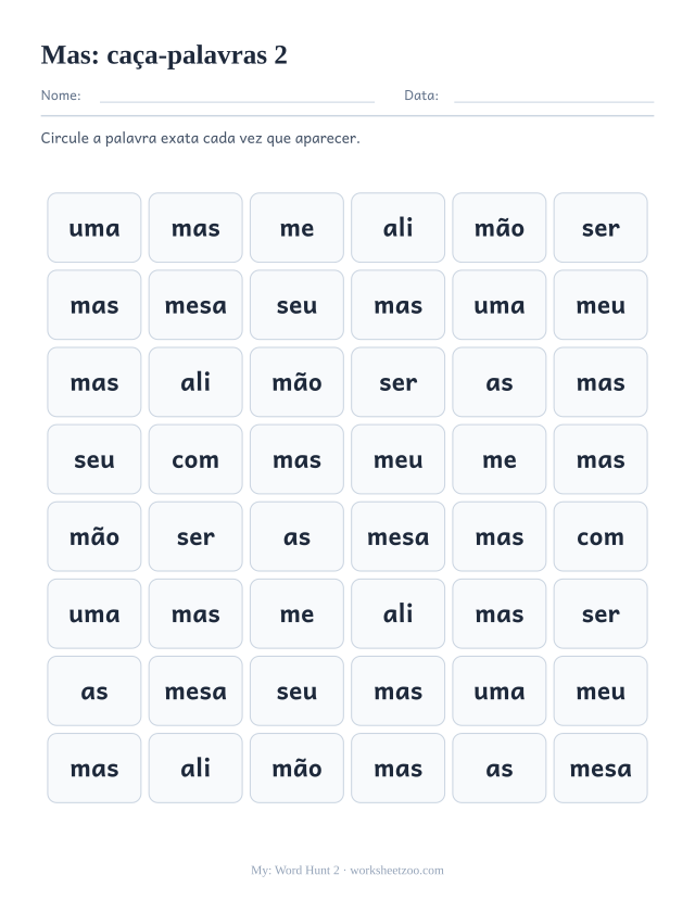 Prévia da palavra frequente “mas”, caça-palavras 2