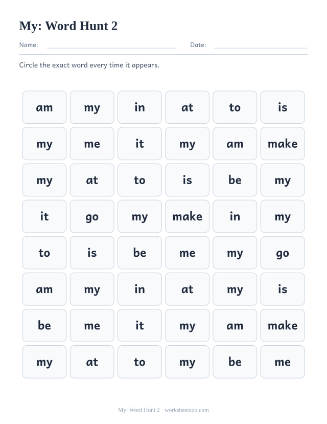 Sight word “my” worksheet, word hunt 2 printable activity