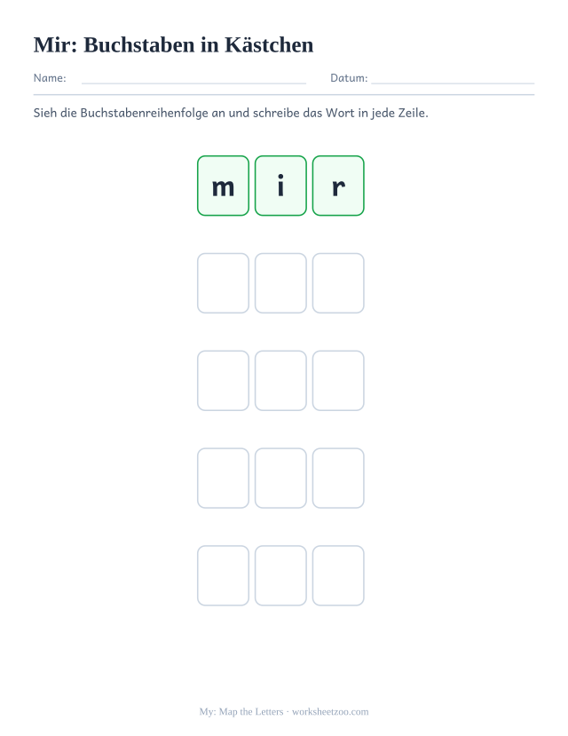Vorschau: häufiges Wort „mir“, Buchstaben in Kästchen