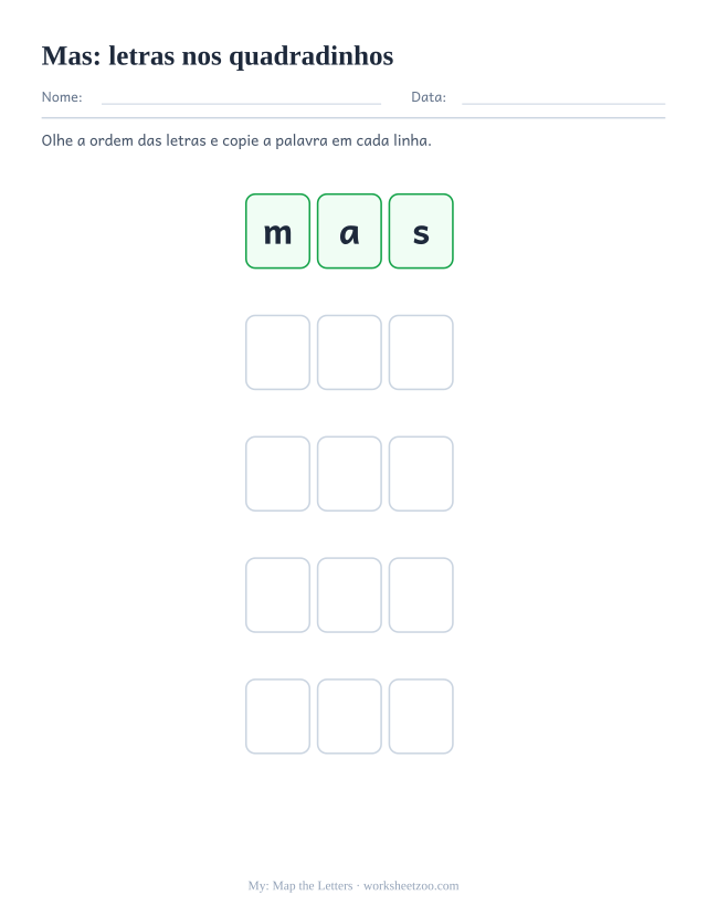 Prévia da palavra frequente “mas”, letras nos quadradinhos