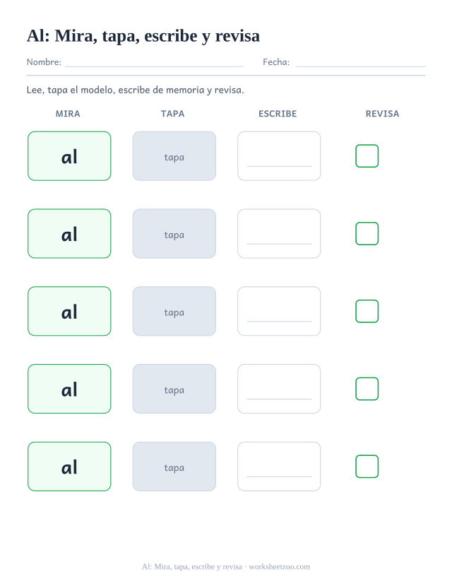 Ficha de la palabra frecuente «al», mira, tapa, escribe y revisa para imprimir