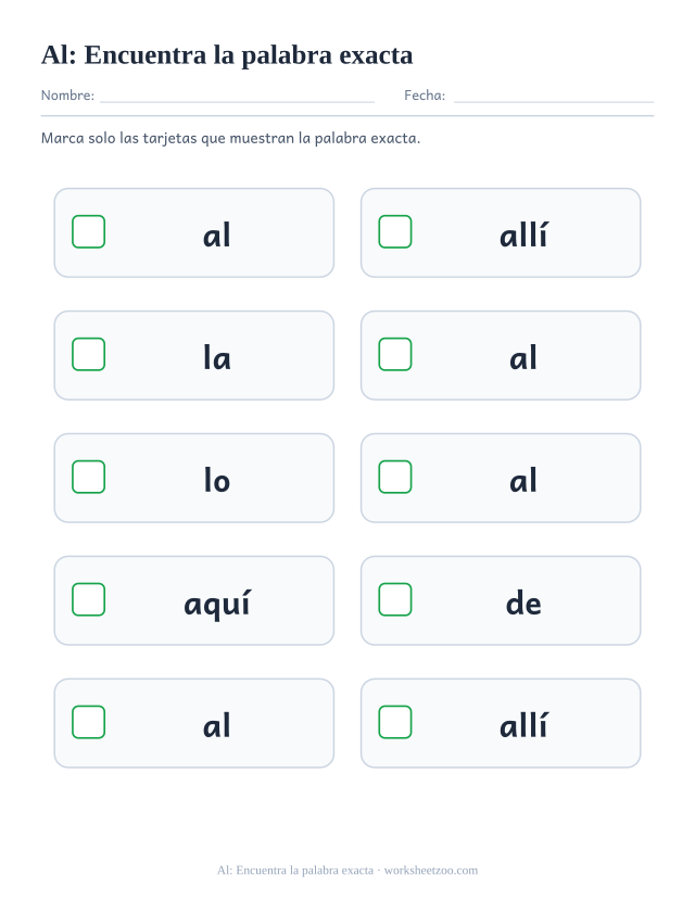 Ficha de la palabra frecuente «al», encuentra la palabra exacta para imprimir