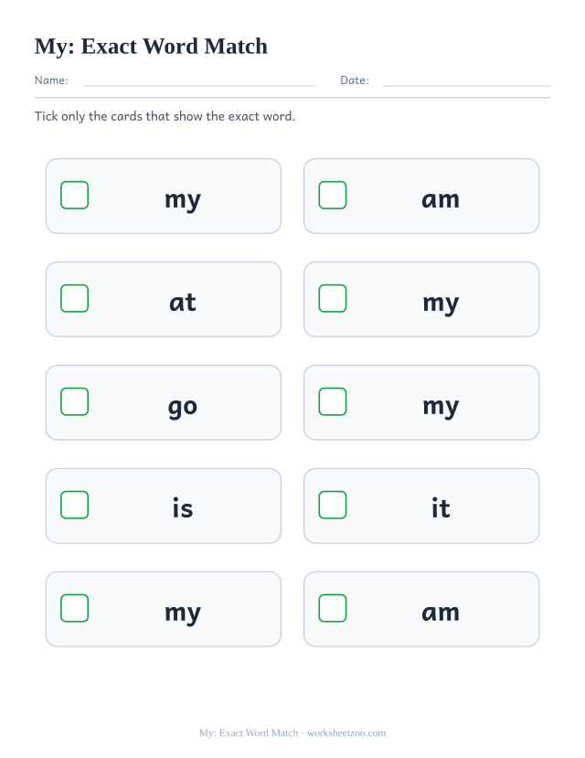 Sight word “my” worksheet, exact word match printable activity