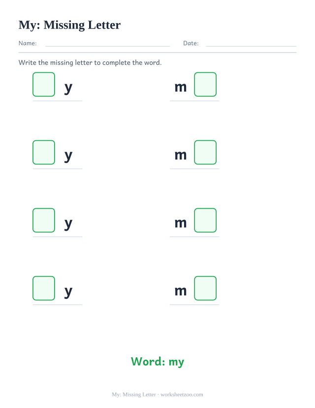 Sight word “my” worksheet, missing letter printable activity
