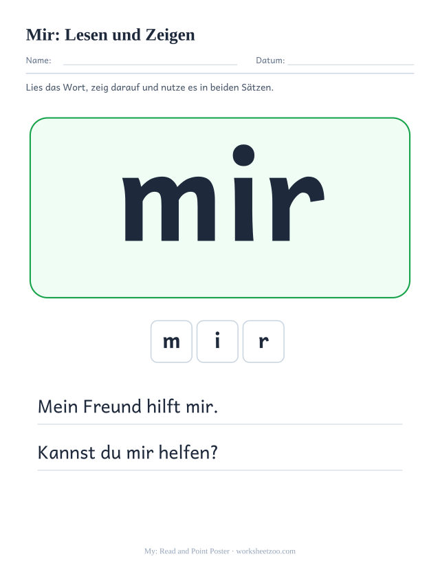 Vorschau: häufiges Wort „mir“, Lesen und Zeigen