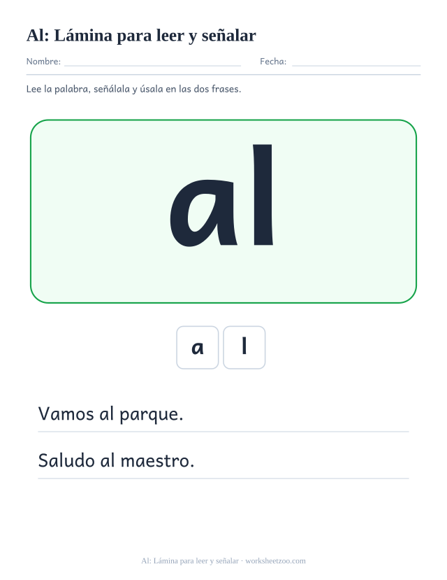 Ficha de la palabra frecuente «al», lámina para leer y señalar para imprimir