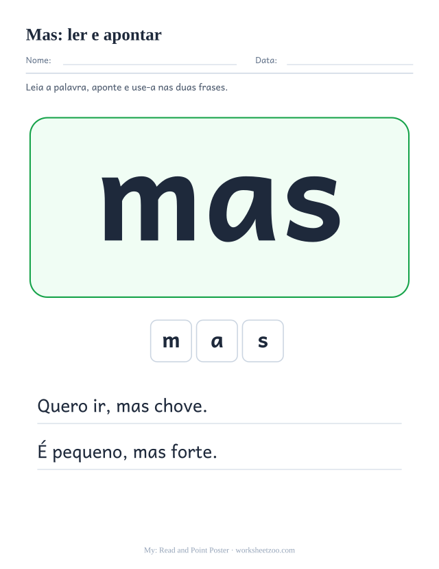 Prévia da palavra frequente “mas”, ler e apontar