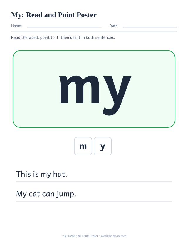 Sight word “my” worksheet, read and point poster printable activity