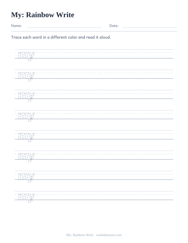 Sight word “my” worksheet, rainbow write printable activity