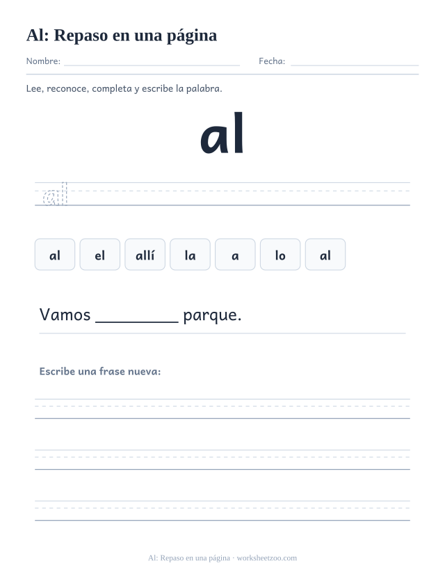 Ficha de la palabra frecuente «al», repaso en una página para imprimir